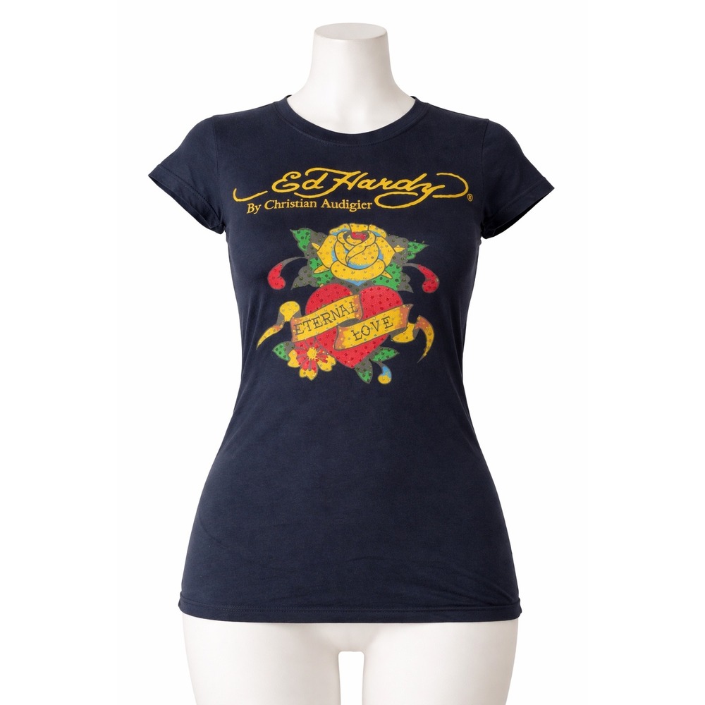 Ed Hardy Christian Audigier Eternal Love Graphic Tee Black Rhinestone‎ Medium